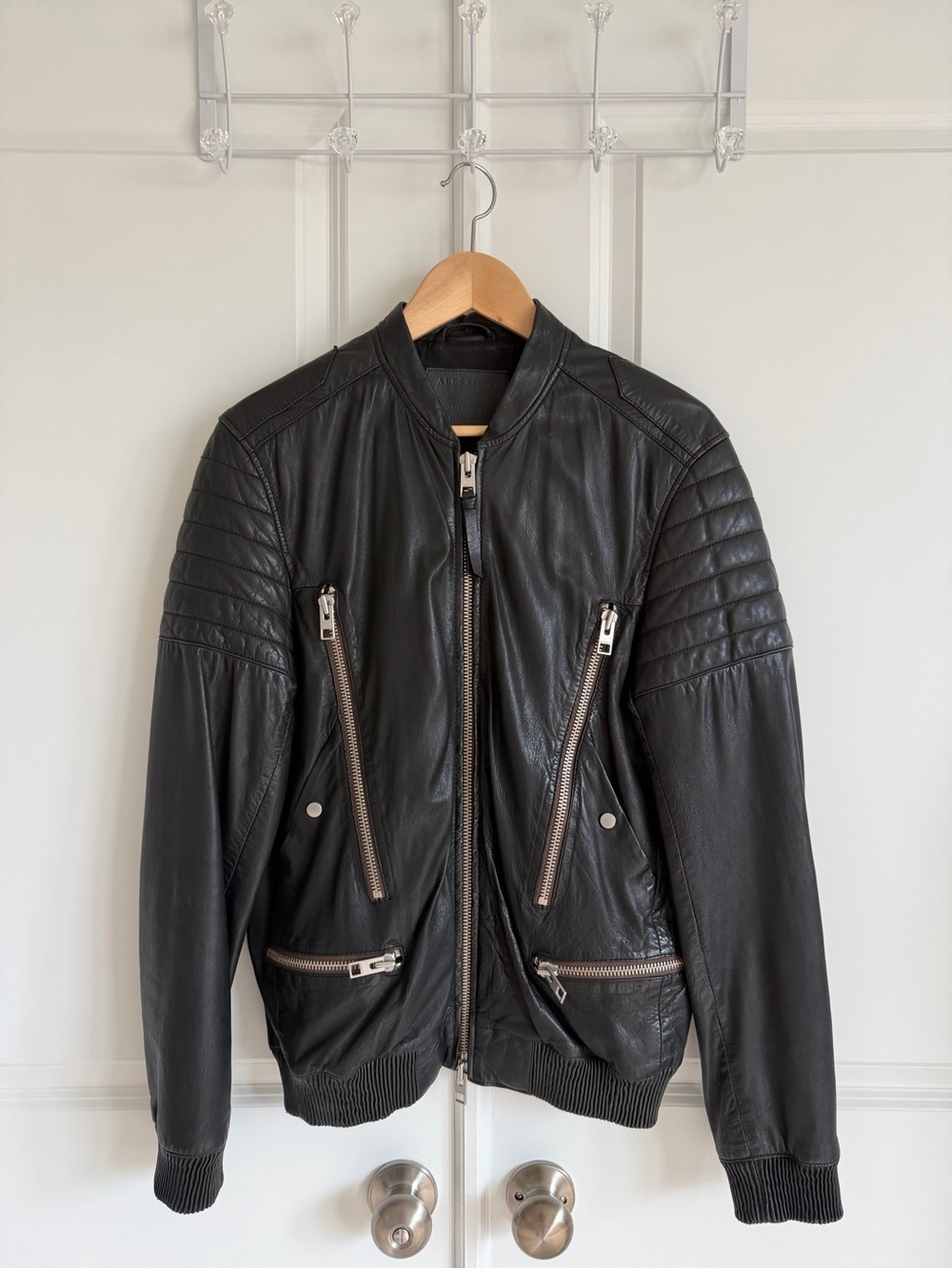 AllSaints Black Leather Quilted-Sleeve Bomber Jacket